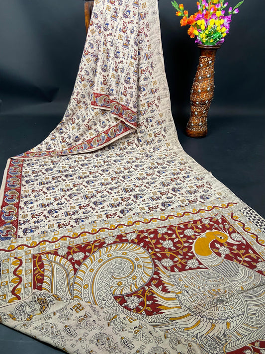 Pure Malmal Cotton - Kalamkari White Swan Tale