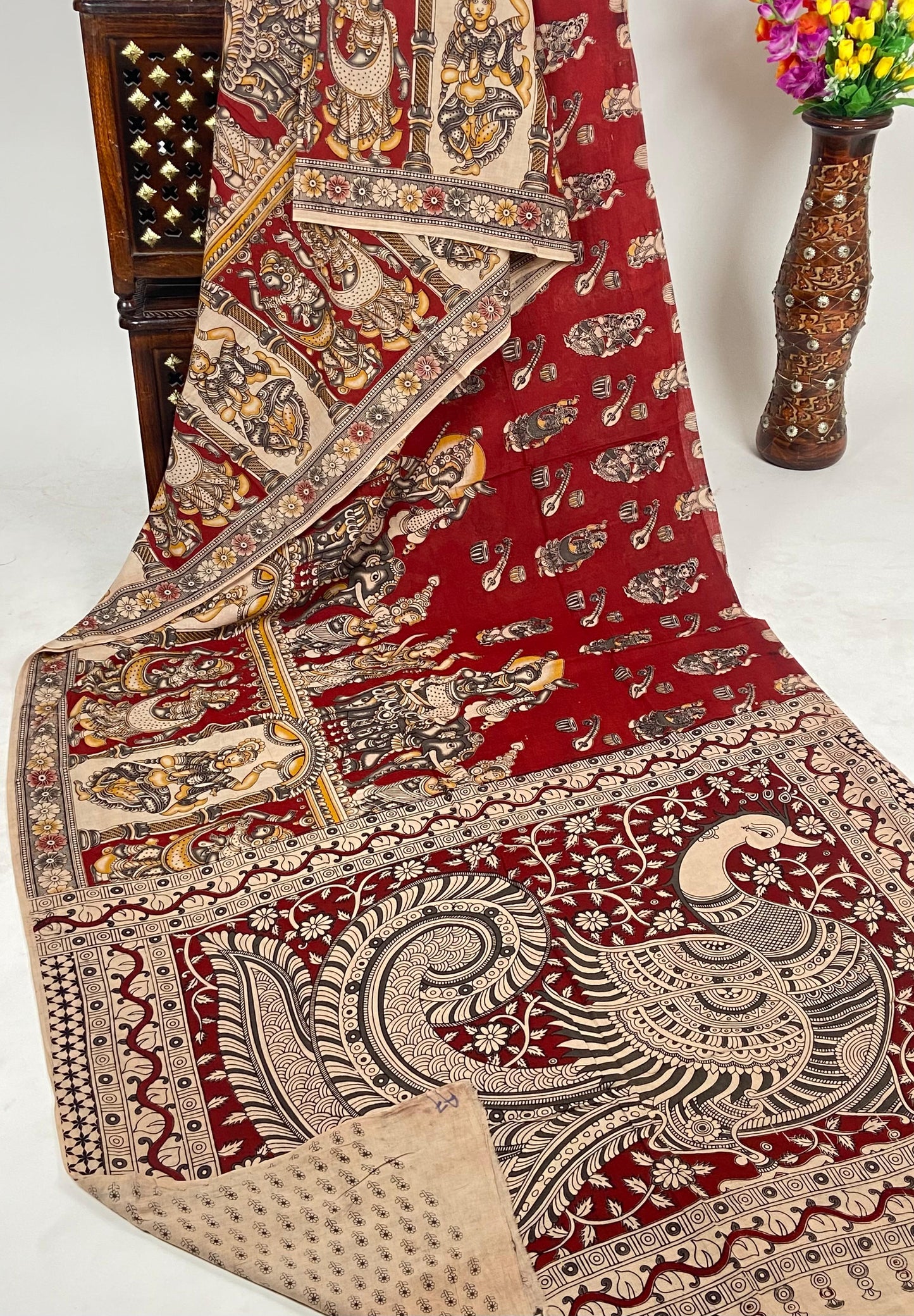 Pure Malmak Cotton - Kalamkari Crimson Feathers