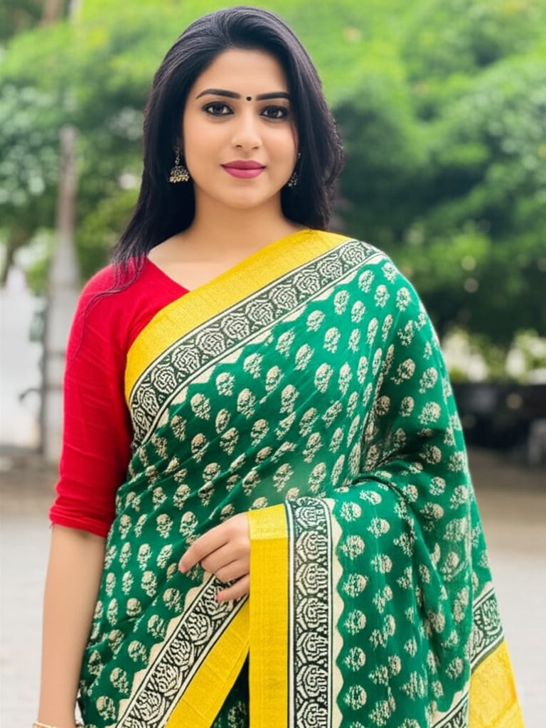 Royal Nizam Maheshwari Silk – Handblocked Harmony in Green & Mustard