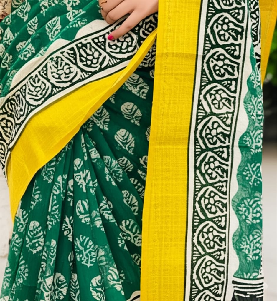 Royal Nizam Maheshwari Silk – Handblocked Harmony in Green & Mustard