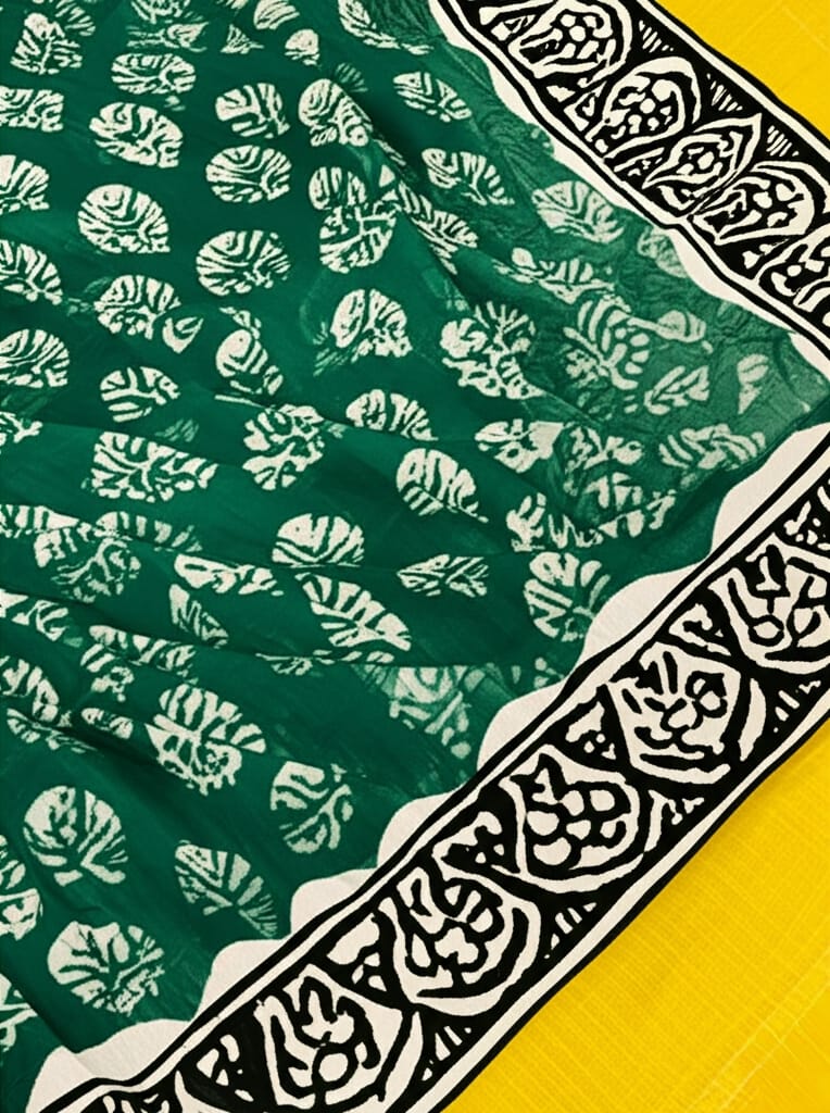 Royal Nizam Maheshwari Silk – Handblocked Harmony in Green & Mustard