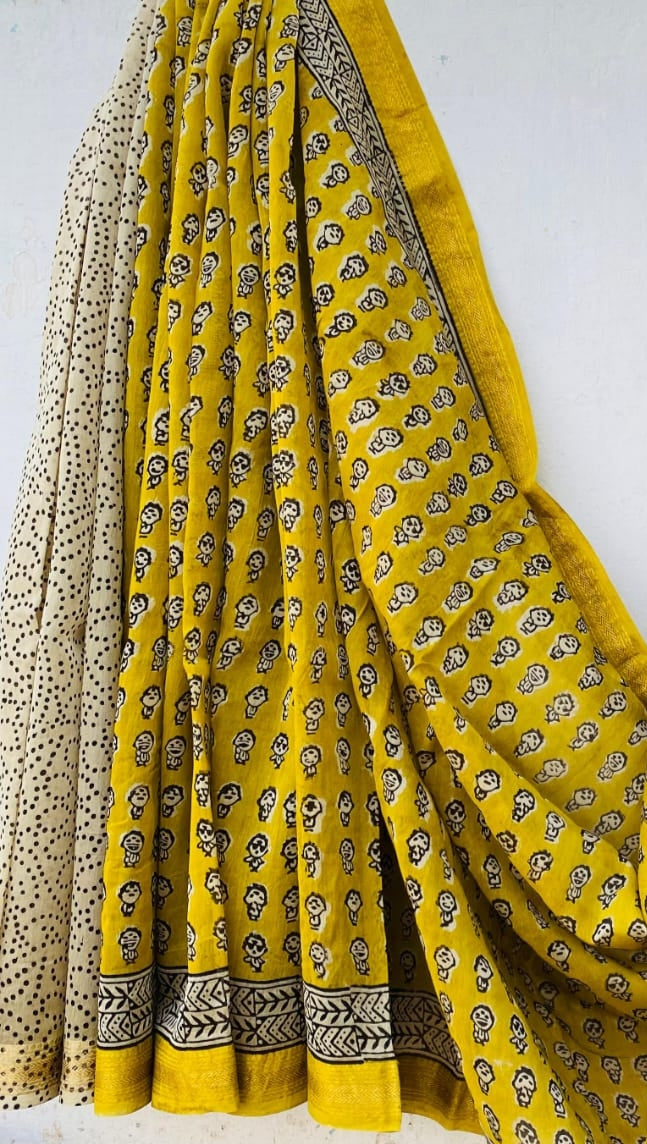 Royal Nizam Maheshwari Silk – Handblocked Geometry in Sunlit Yellow