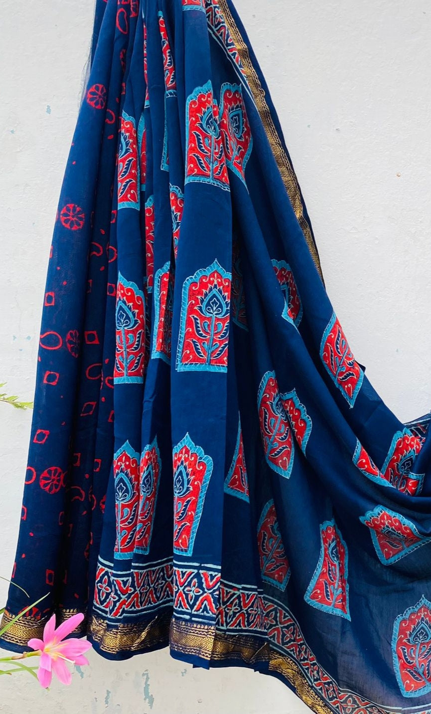 Royal Nizam Maheshwari Silk – Handblocked Elegance in Indigo & Red