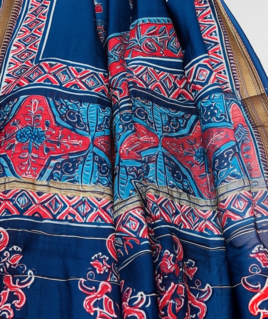 Royal Nizam Maheshwari Silk – Handblocked Elegance in Indigo & Red