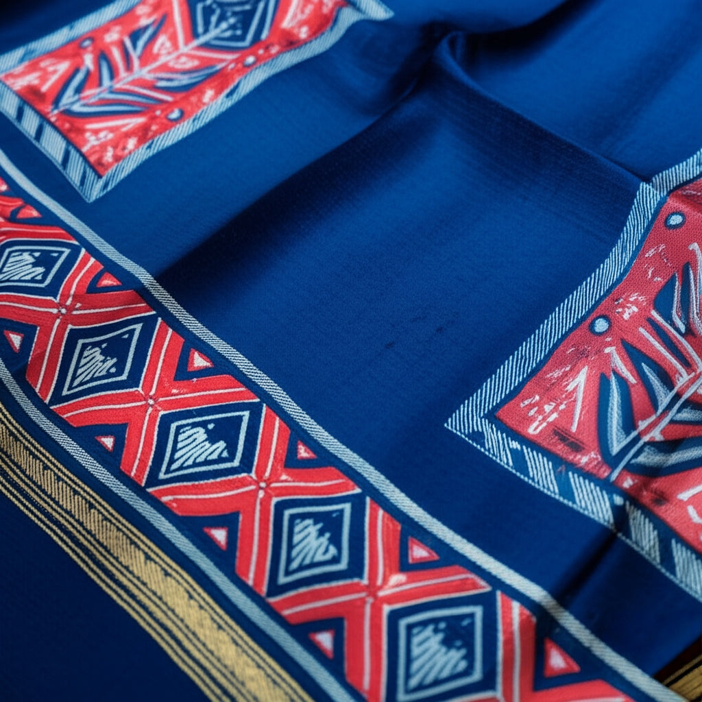 Royal Nizam Maheshwari Silk – Handblocked Elegance in Indigo & Red