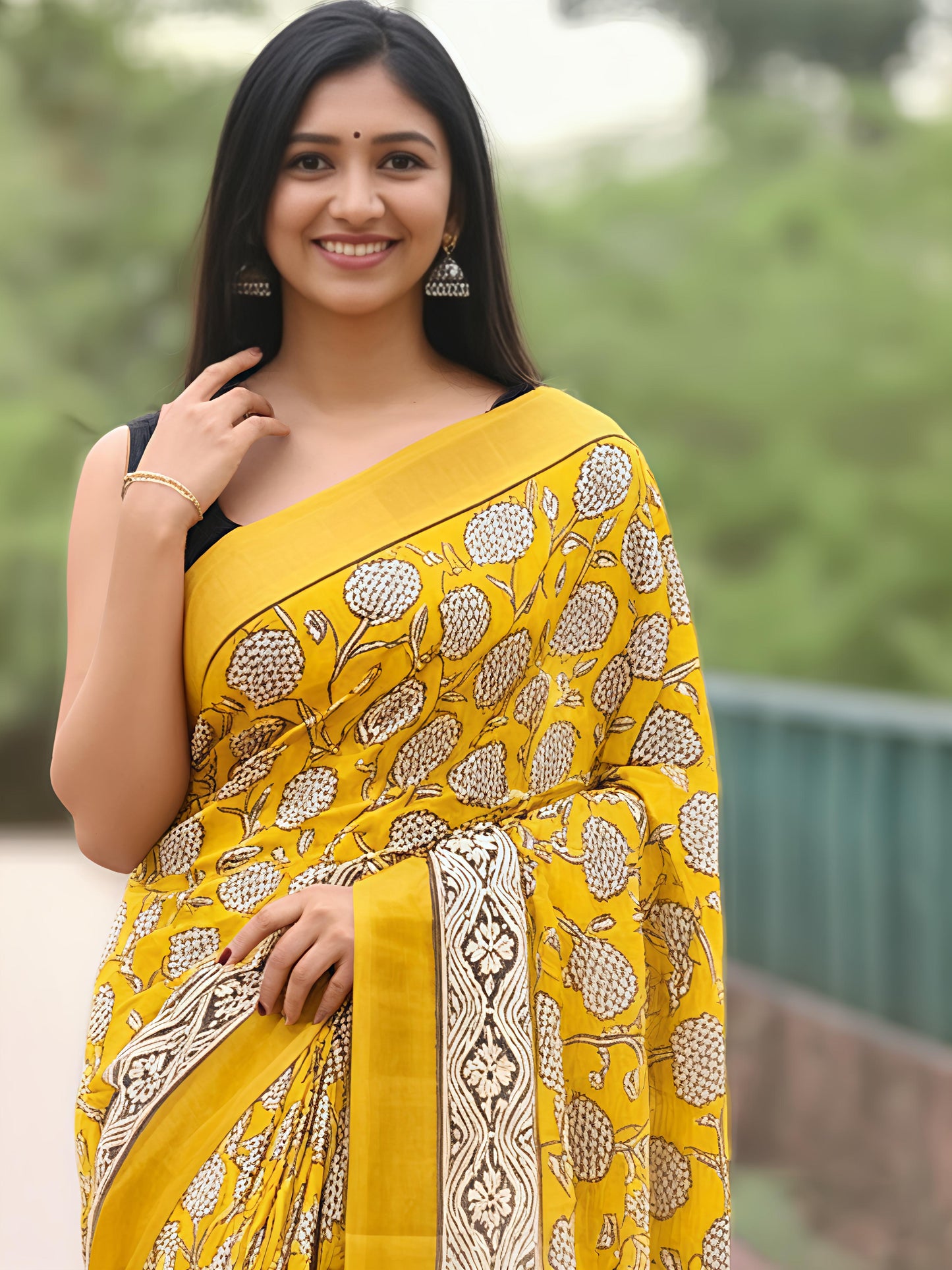 Royal Nizam Maheshwari Silk – Handblocked Sunshine Bloom Edition