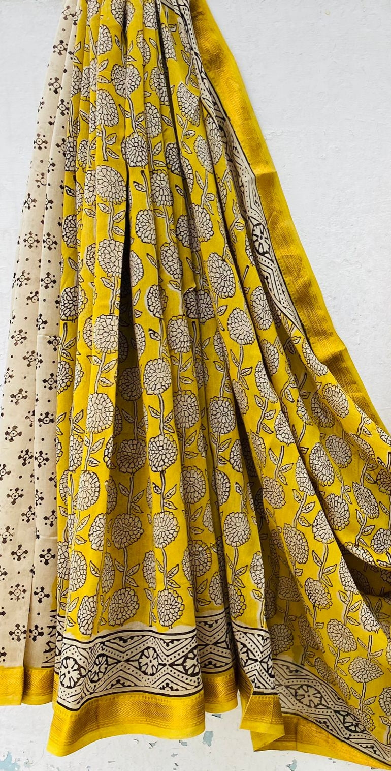 Royal Nizam Maheshwari Silk – Handblocked Sunshine Bloom Edition