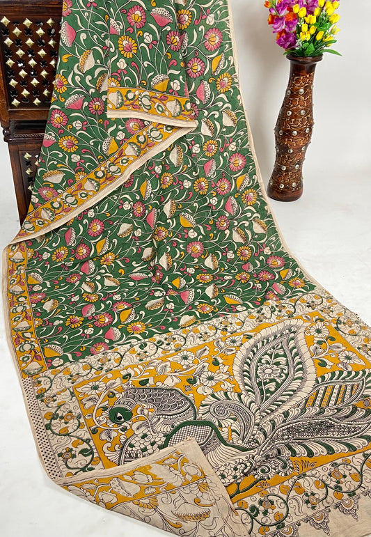 Pure Malmal Cotton - Kalamkari Emerald Gold