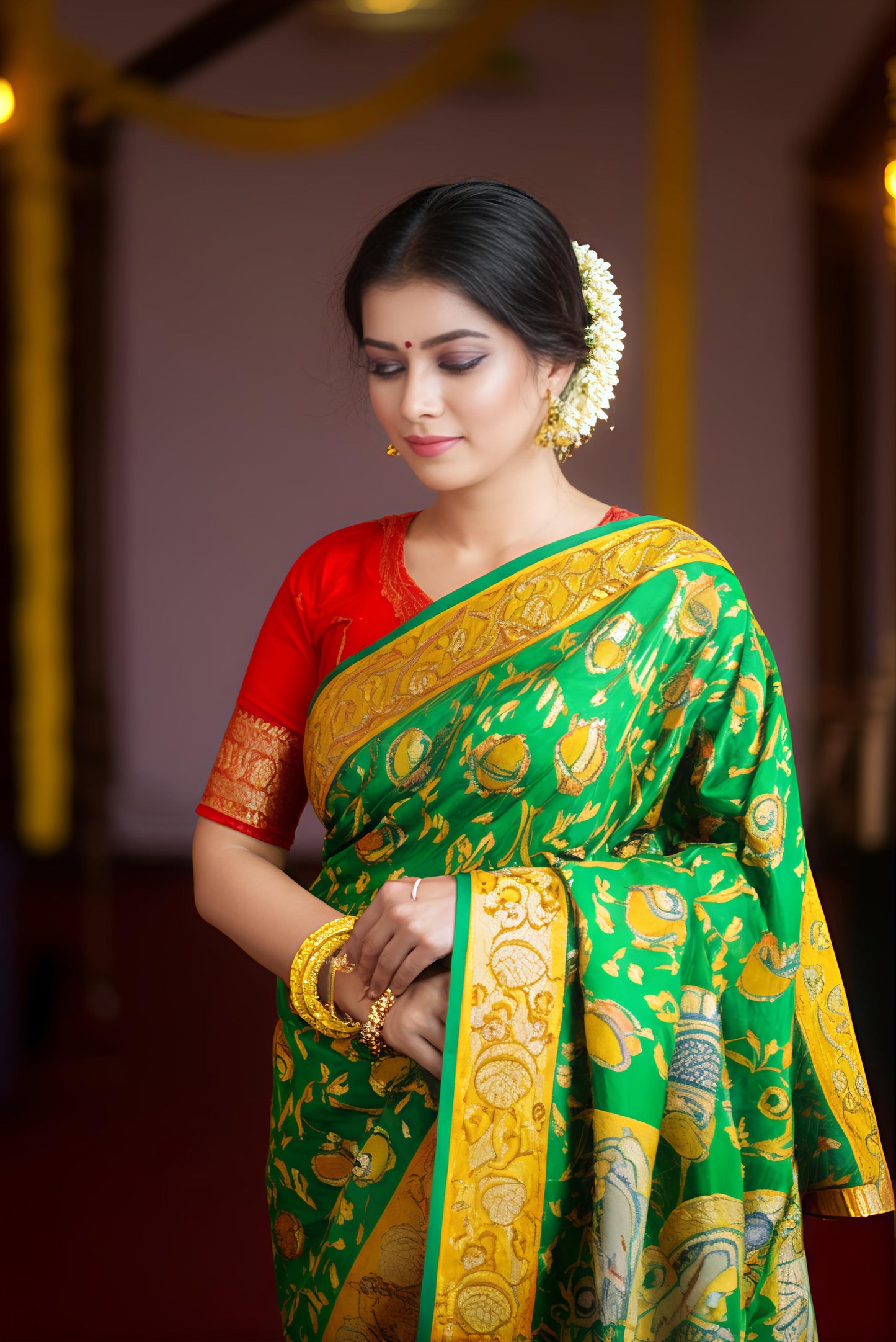 Pure Malmal Cotton - Kalamkari Emerald Gold