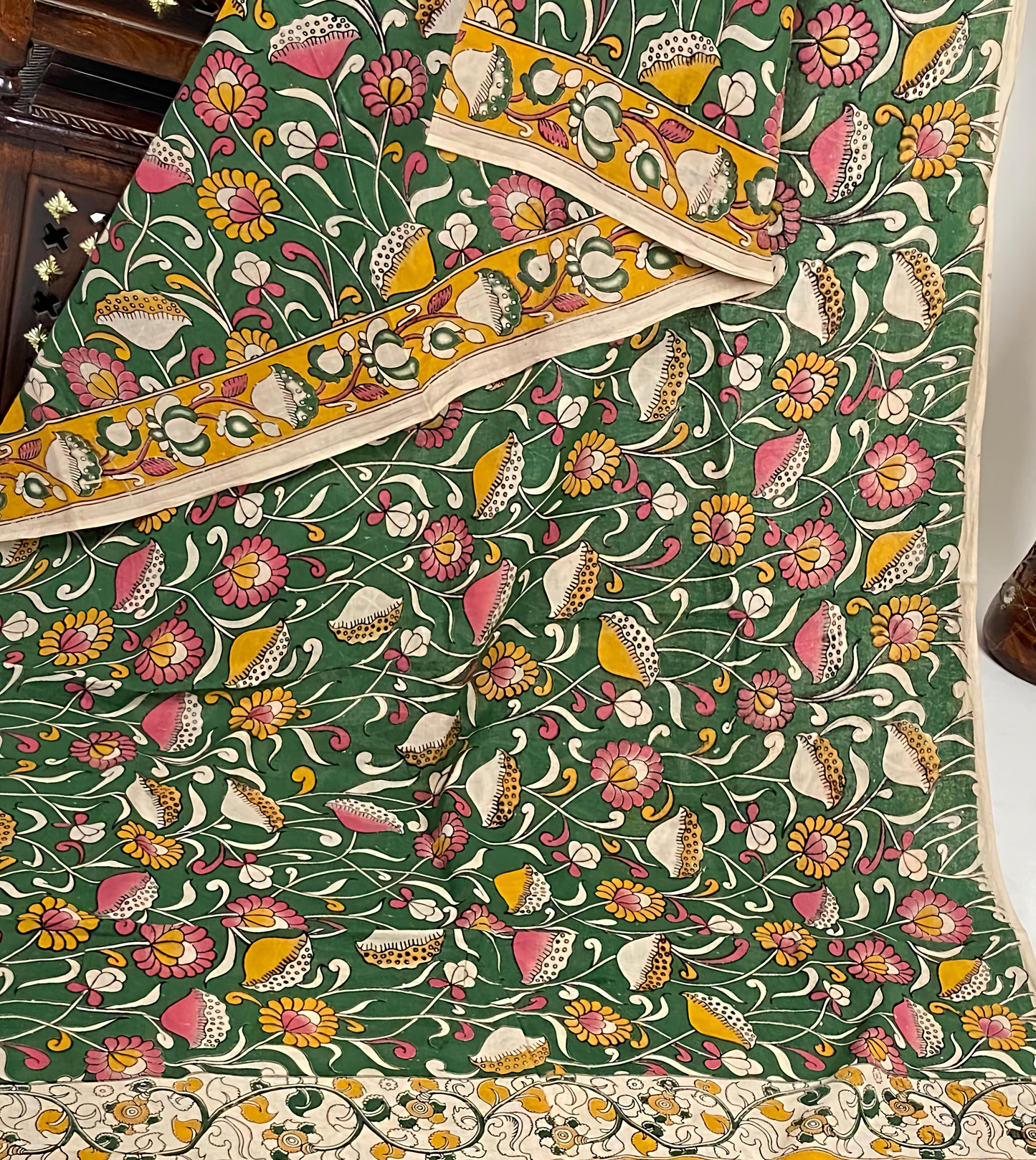 Pure Malmal Cotton - Kalamkari Emerald Gold
