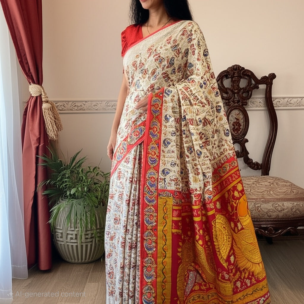 Pure Malmal Cotton - Kalamkari White Swan Tale