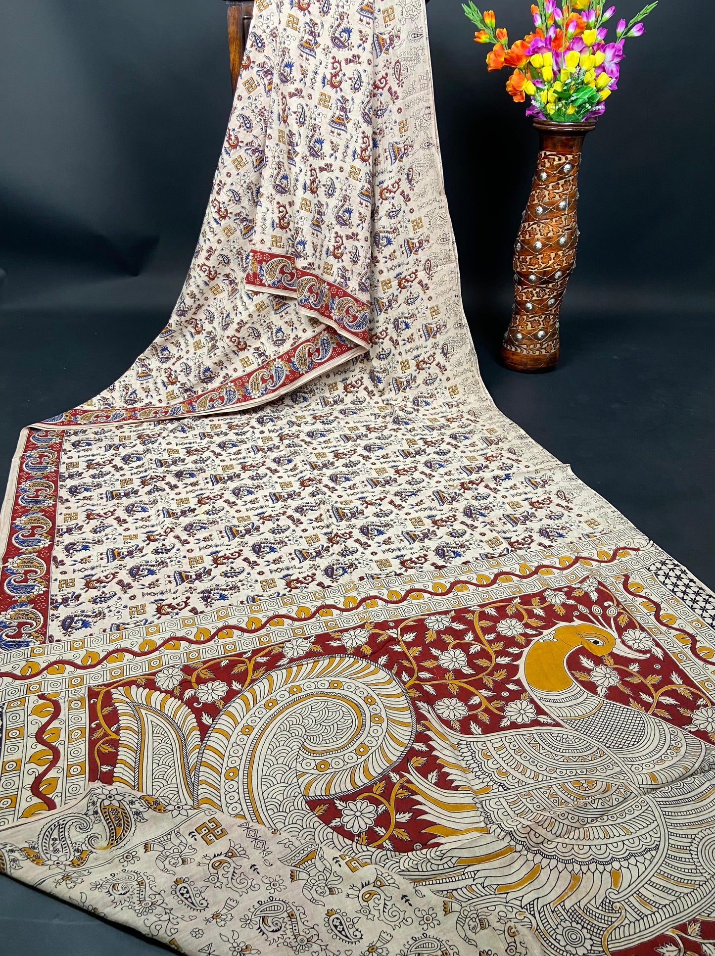 Pure Malmal Cotton - Kalamkari White Swan Tale