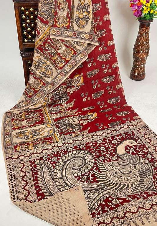 Pure Malmak Cotton - Kalamkari Crimson Feathers