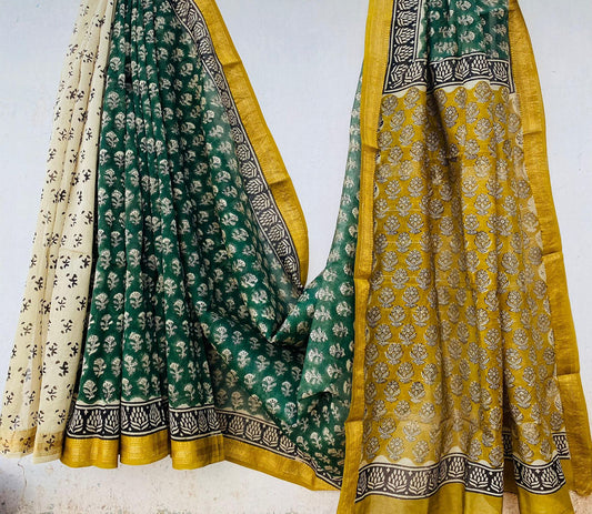 Royal Nizam Maheshwari Silk – Handblocked Harmony in Green & Mustard