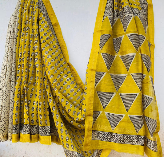 Royal Nizam Maheshwari Silk – Handblocked Geometry in Sunlit Yellow
