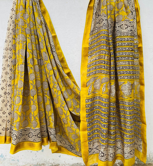 Royal Nizam Maheshwari Silk – Handblocked Sunshine Bloom Edition